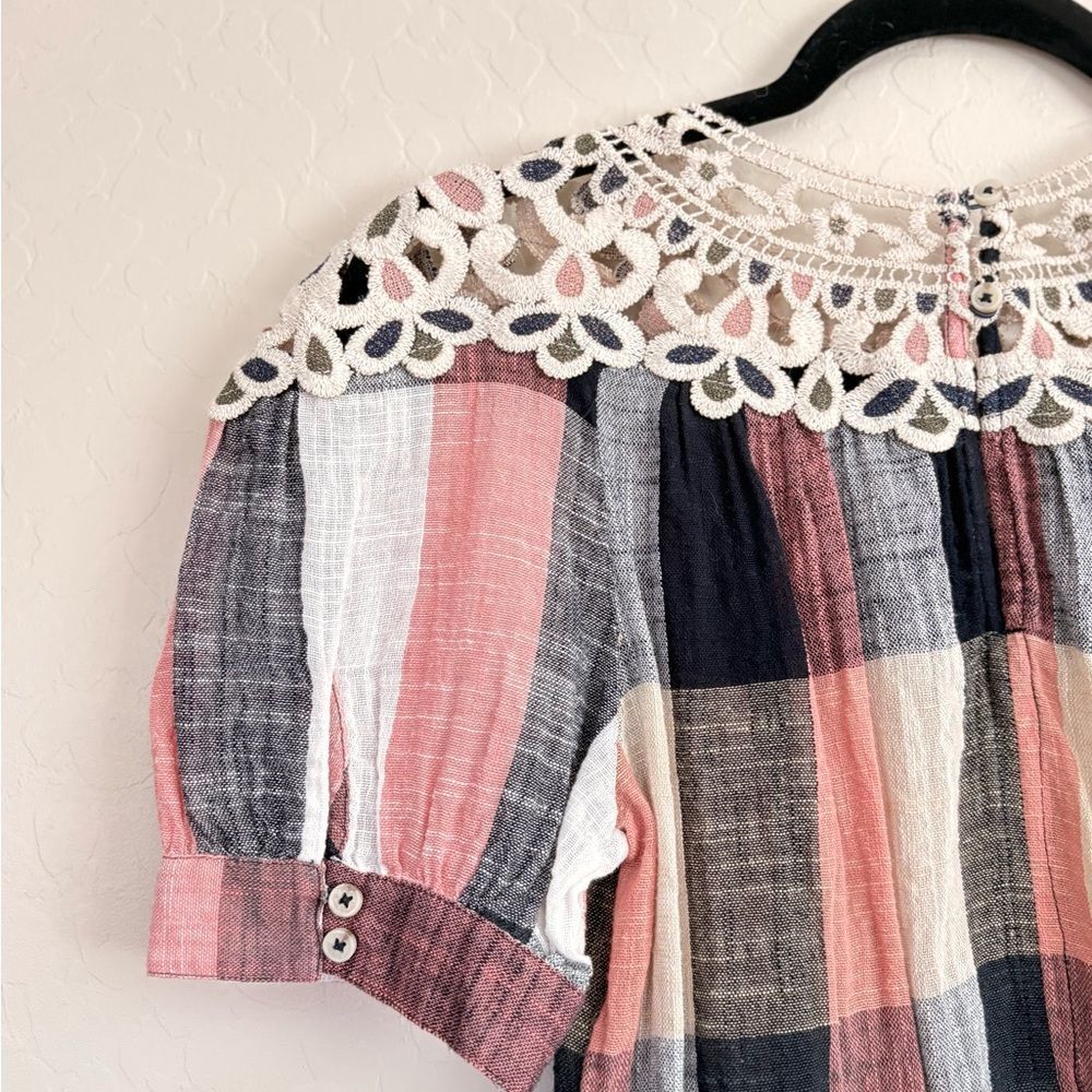 Anthropologie Plaid Boho Crochet Embroidered Swing Blouse Cottage Prairie XS - Picture 9 of 10